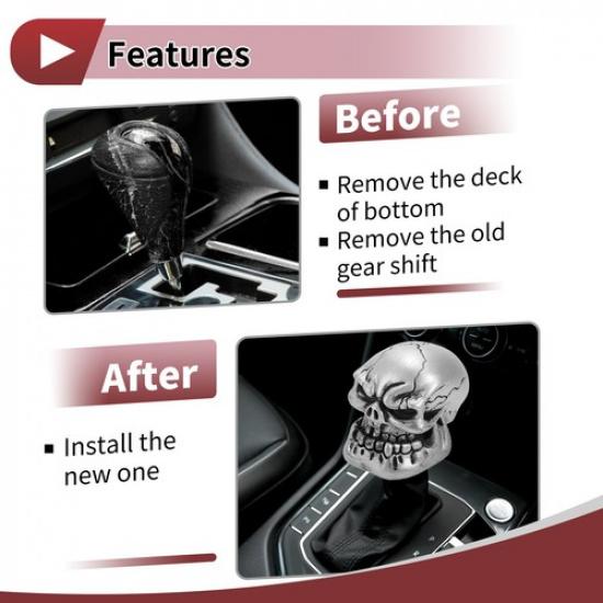 7cm Skull Automatic and Manual Shift Knob with 3 Adapter Resin Silver Tone 1 Set