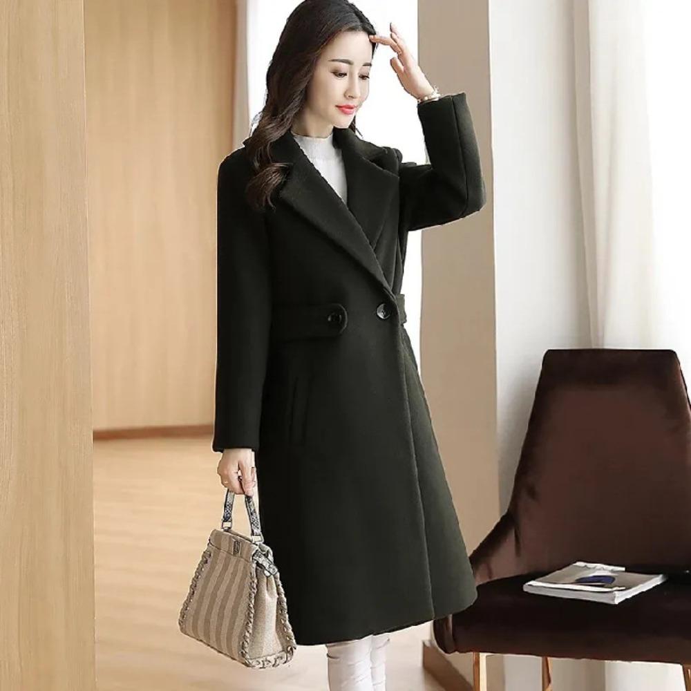 Damen Wende Kragen Langarm Schlanke Passform Pendler Mittellang Wollmantel Elegante Oberbekleidung
