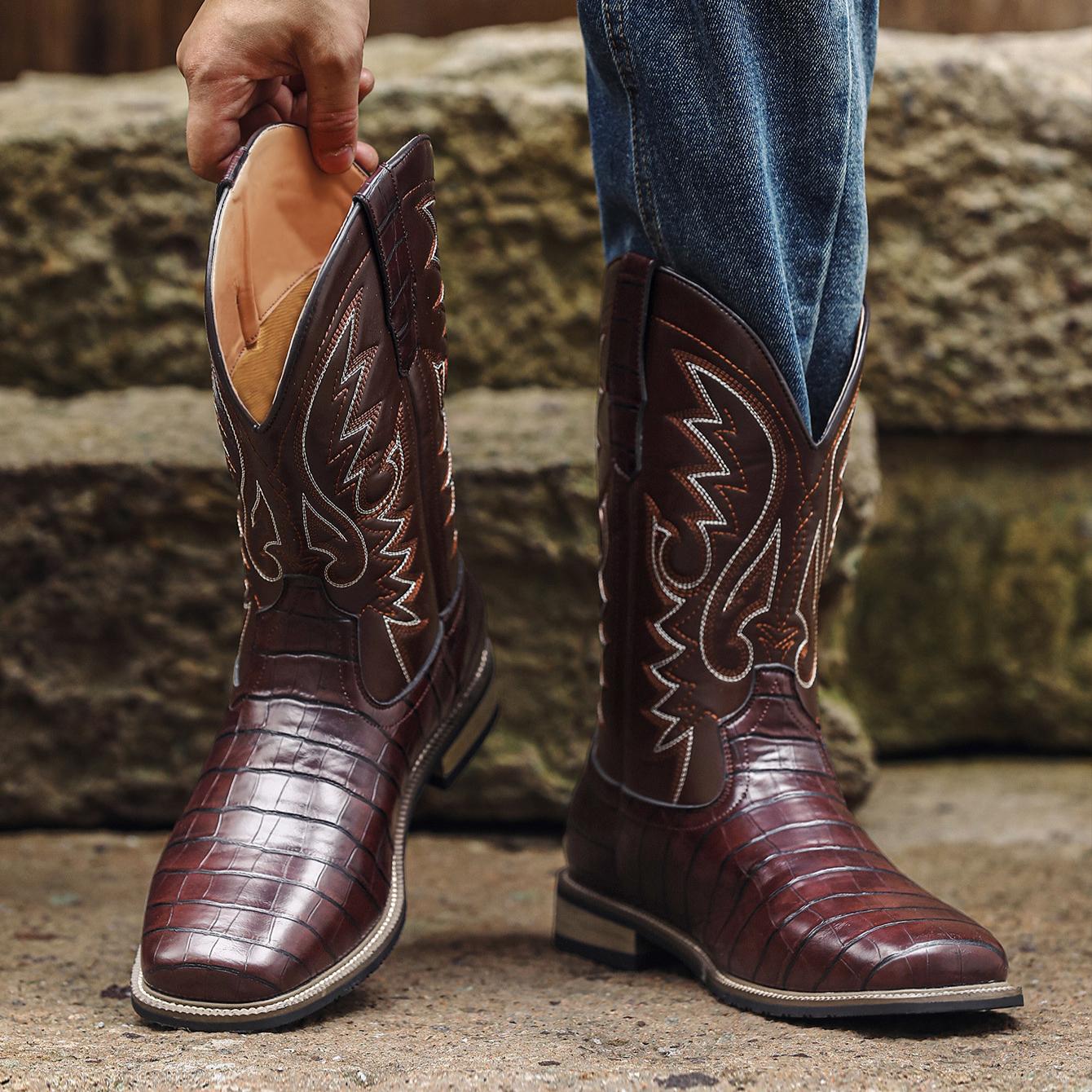 

Винтажные длинные сапоги ковбойские сапоги мужские из искусственной кожи крокодила западные сапоги с широким носком 48 темно-коричневого