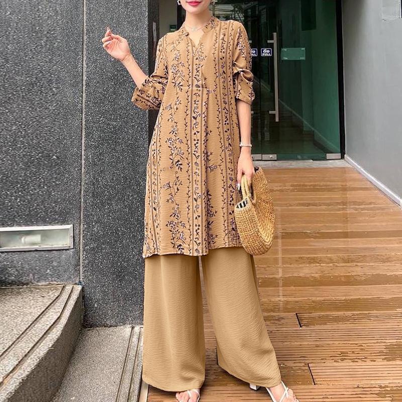 ZANZEA Women Print Long Blouse and Pants Casual Two Piece Suit Sets