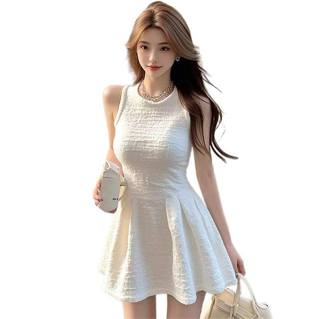Elegant French Heiress White Sleeveless A-line Dress for Women - Summer Socialite Style