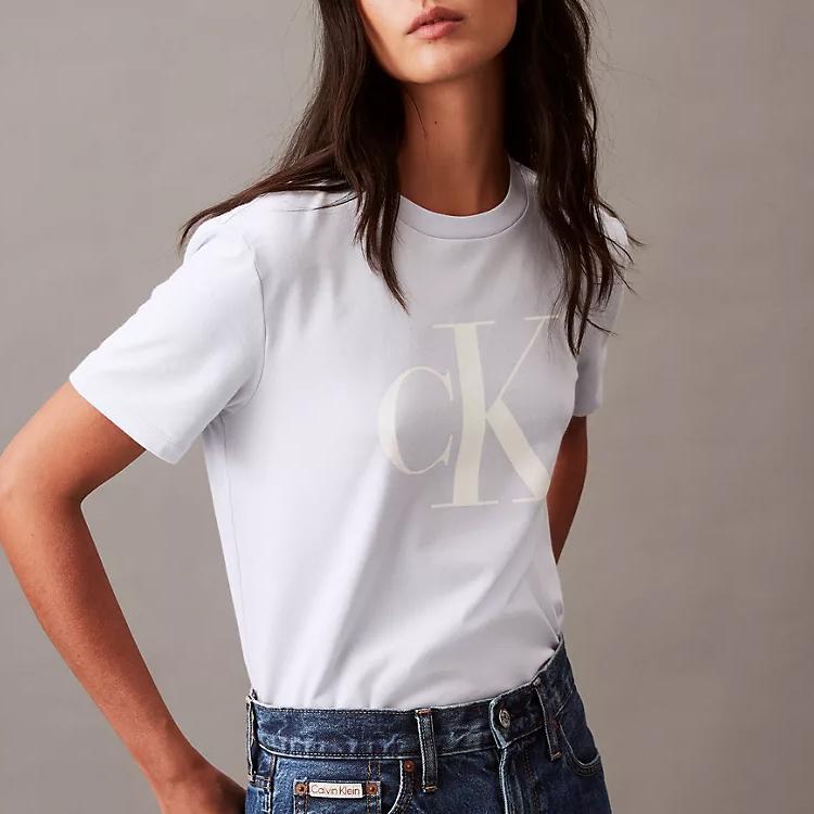 Calvin Klein Skin-Friendly Comfortable Letter Logo Round Neck Short Sleeve T-Shirt Women Tops Arctic-Ice 40909WP-450