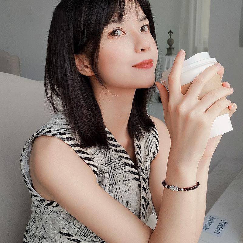 Natural Burgundy Garnet Bracelet Women'S Silver Jewelry Pixiu Simple Bead Beaded Bracelet.