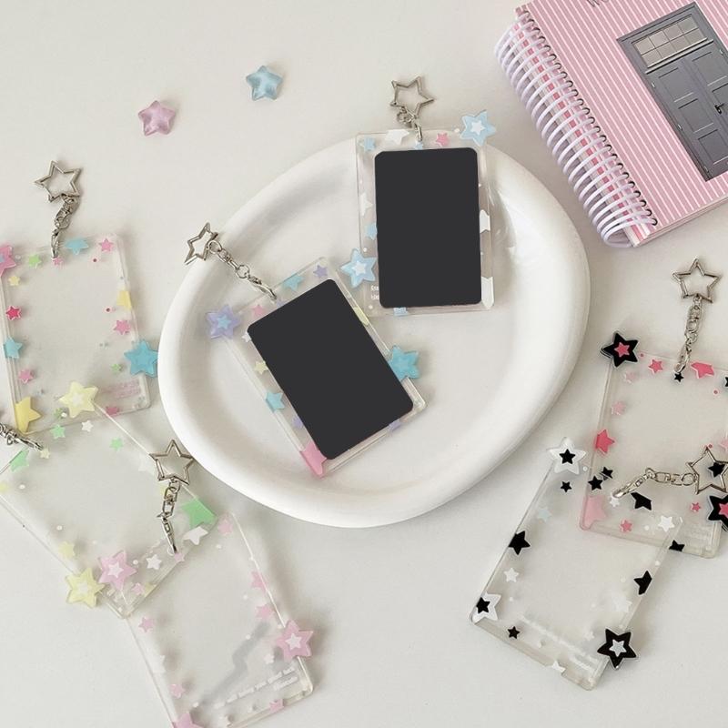 Star Print Photo Card Case with Keychain Clip 3Inch Photo Protectors Waterproof Acrylic Card Covers for Badges Photos