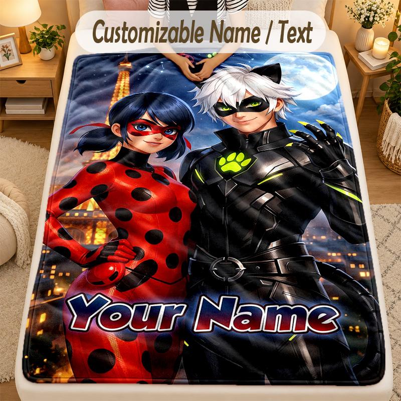 Flannel BlanketMiraculous Ladybug Custom Name Text Personalized Soft Warm Throw Blanket Home Decor Gift