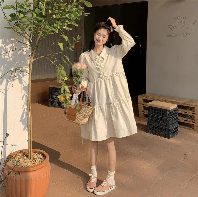 Dresses Women 3D Flower Y2k Autumn Hotsweet Korean Style Simple Long Sleeve High Street All-match Temperament Knee-length Daily