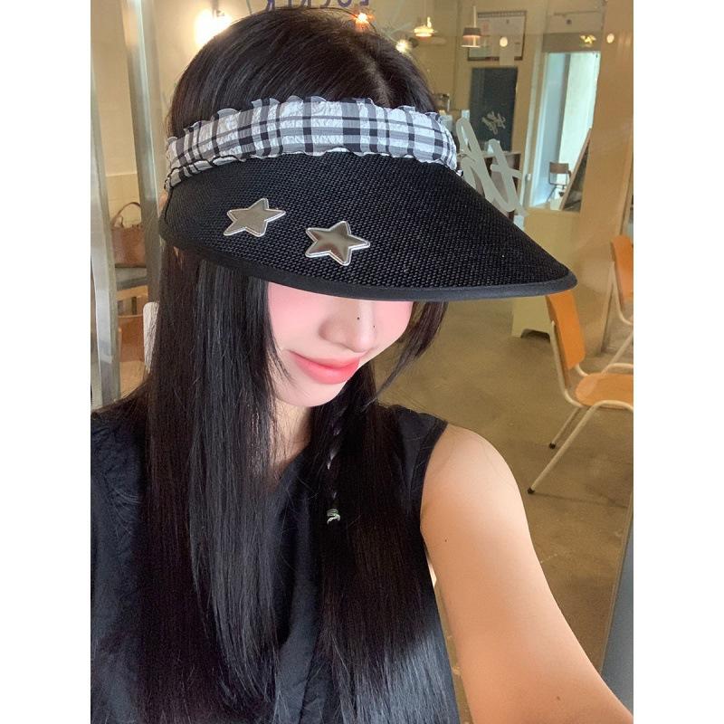 Women's Sun Hat Korean Sweet Kawaii Star Fashionable Verstaile Empty Top Breathable Wide Bim Seaside Sunshade Visors For Girl