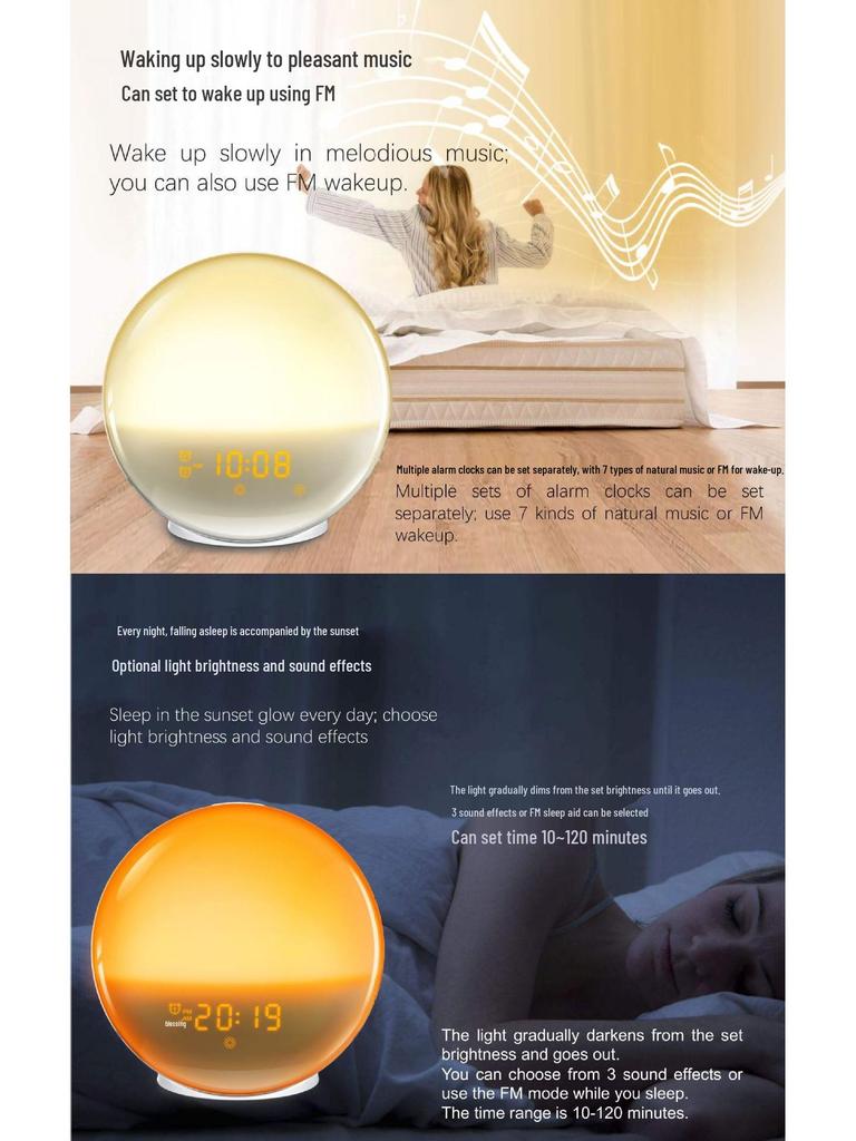 LED Sunrise Wake-Up Light with Dual Alarm Clock and Bedside Night Light