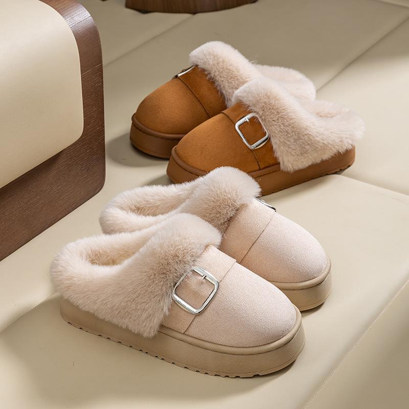 New cotton slippers autumn and winter thick-soled snow boots belt buckle piled thickened non-slip warm plush cotton slippers