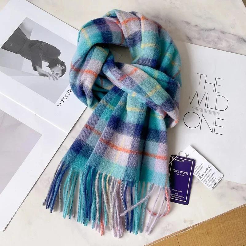 100% Pure Wool Scarf For Men Winter Deep Blue Plaid Wool Neck Warmer Luxury Gift For Boyfriend Dad And Elderly