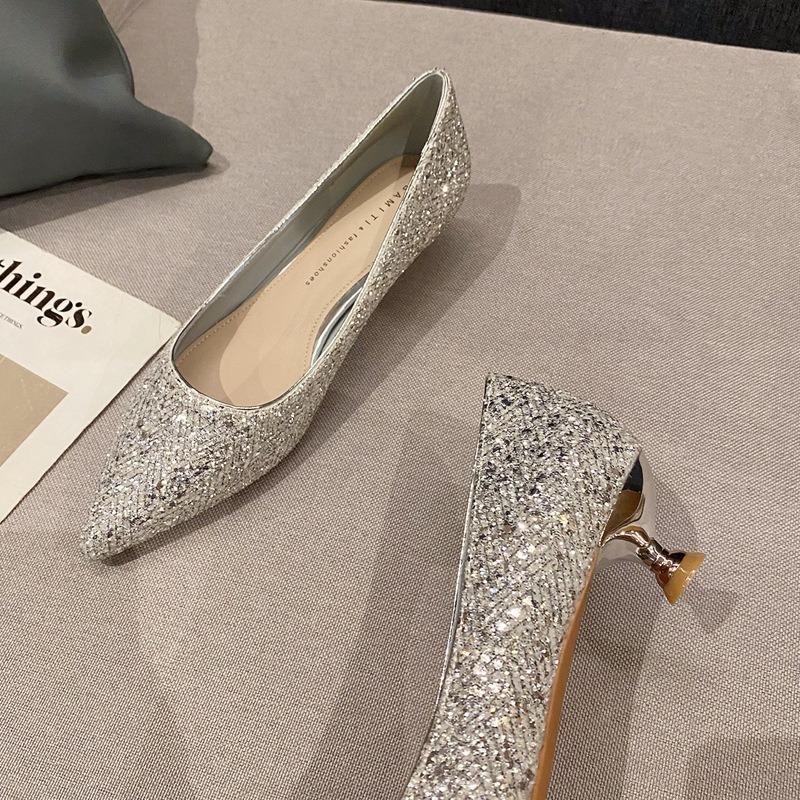 Celebrity Gold High Heels Design Temperament Pointed Single Shoes Women's New Elegant Mid-heel Shoes