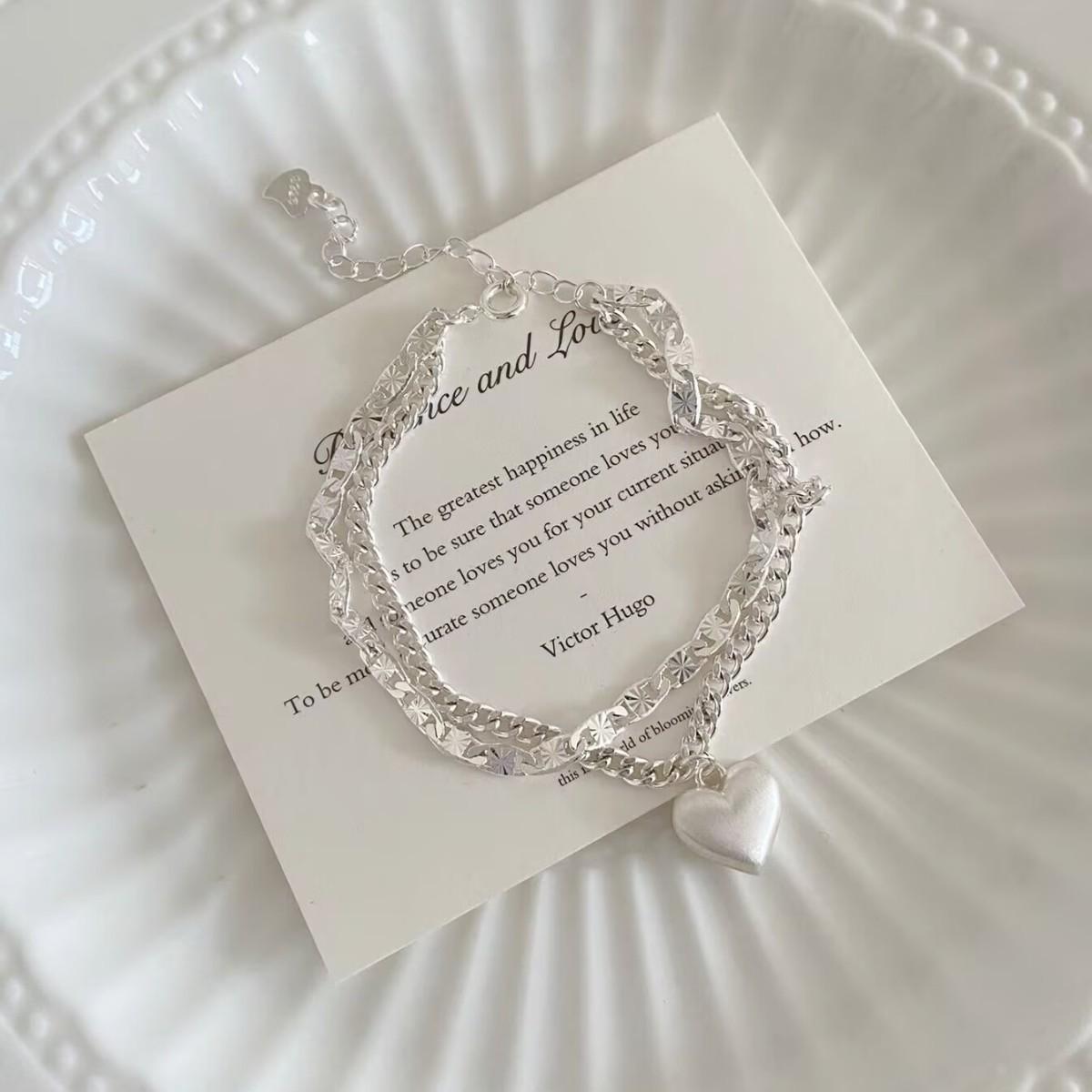 Elegant French Frosted Silver Heart Double Layer Bracelet for Women