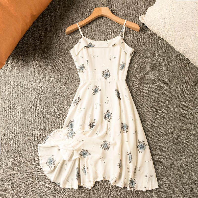 

Summer Export K-style New Arrival Casual Easiest for Match Lively Anti-Aging Elegant Printing Slip Dress Yellow and White red flowers on black background M