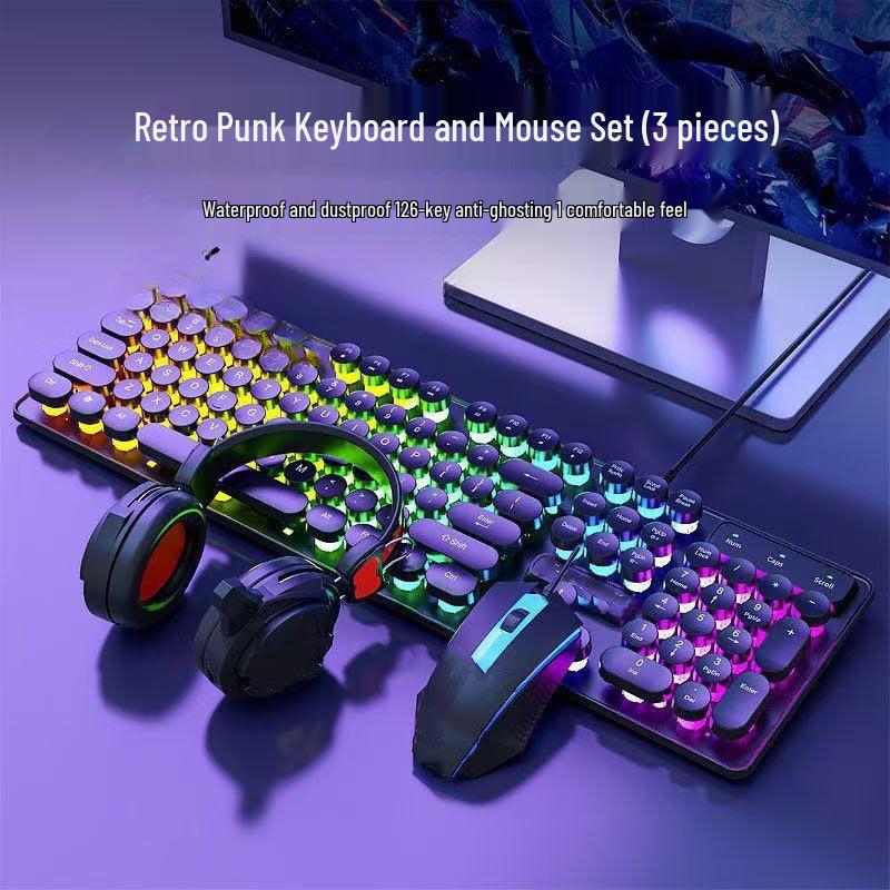 2026 Retro Punk Mechanical Feel Gaming Keyboard & Wired Headset for Desktop/Laptop