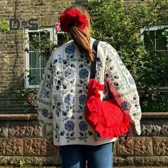 Damen Steppjacke Blumendruck Pufferjacke Langarm Rundhals Button Down Oberbekleidung Mantel mit Gürtel