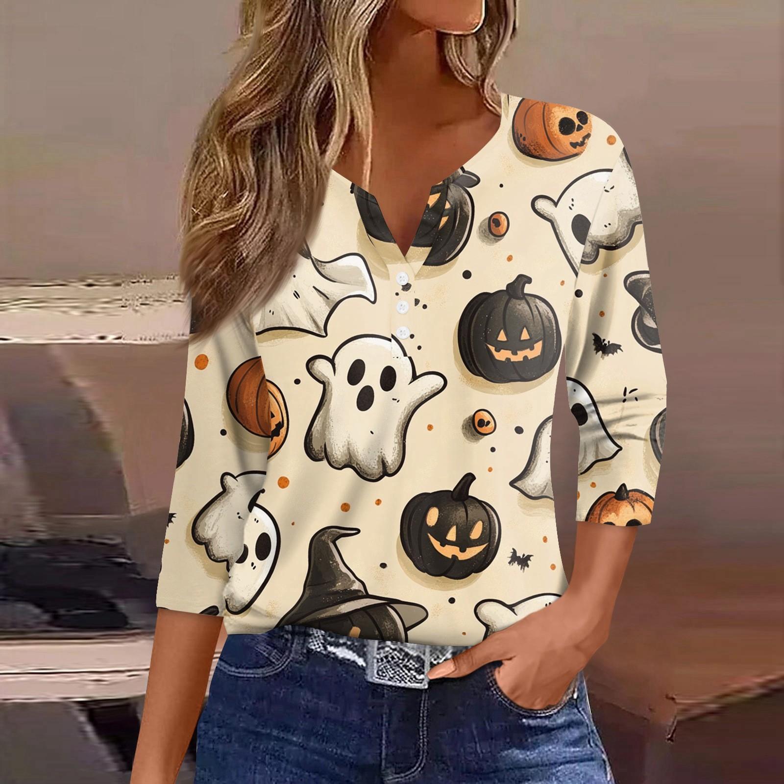 

Women s T Shirt Tee Halloween Printed Button 3/4 Sleeve Tunic Daily Weekend Fashion Basic V- Neck Regular Top XXXL хакі