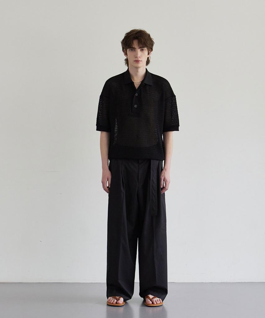 Beleudeunua Double-Pleat Belted Wide Pants (Black)