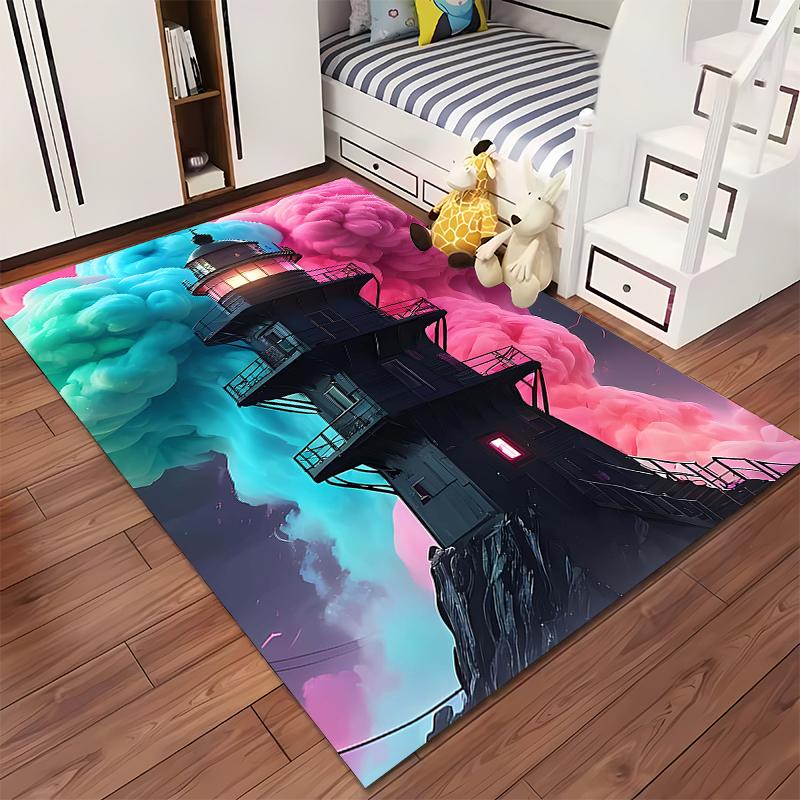 Fantasy Lighthouse Carpet with Pink and Blue Clouds Design Printed Suitable for use as an anti-slip for living room bedroom sofas