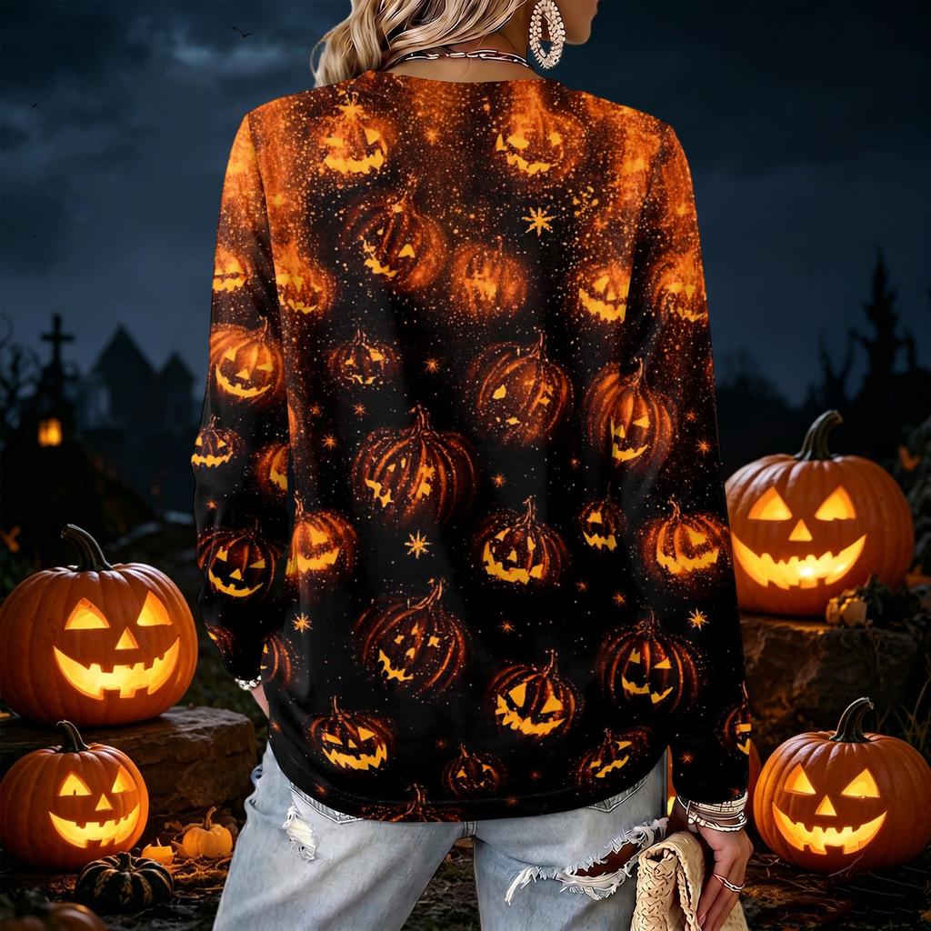 Women's V-Neck Long Sleeve Halloween Print Lightweight Blouse for Fall Parties and Everyday Wear