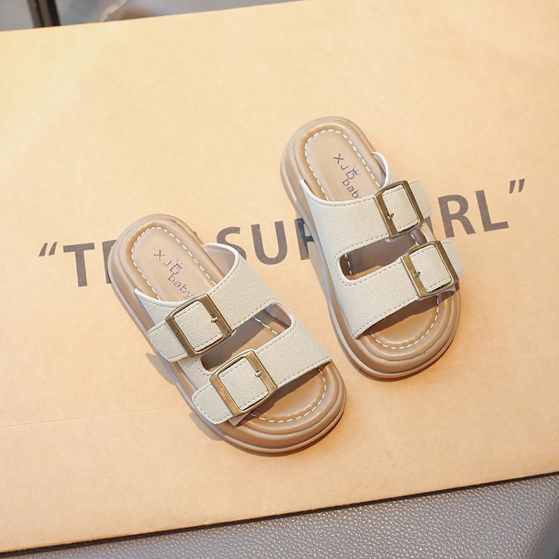 

Kids Slippers Outdoors Korean Style Boys Girls Beach Shoes Non-slip Sof Sole 2025 Summer New Children Sandals Buckle Decoration 26 бежевый