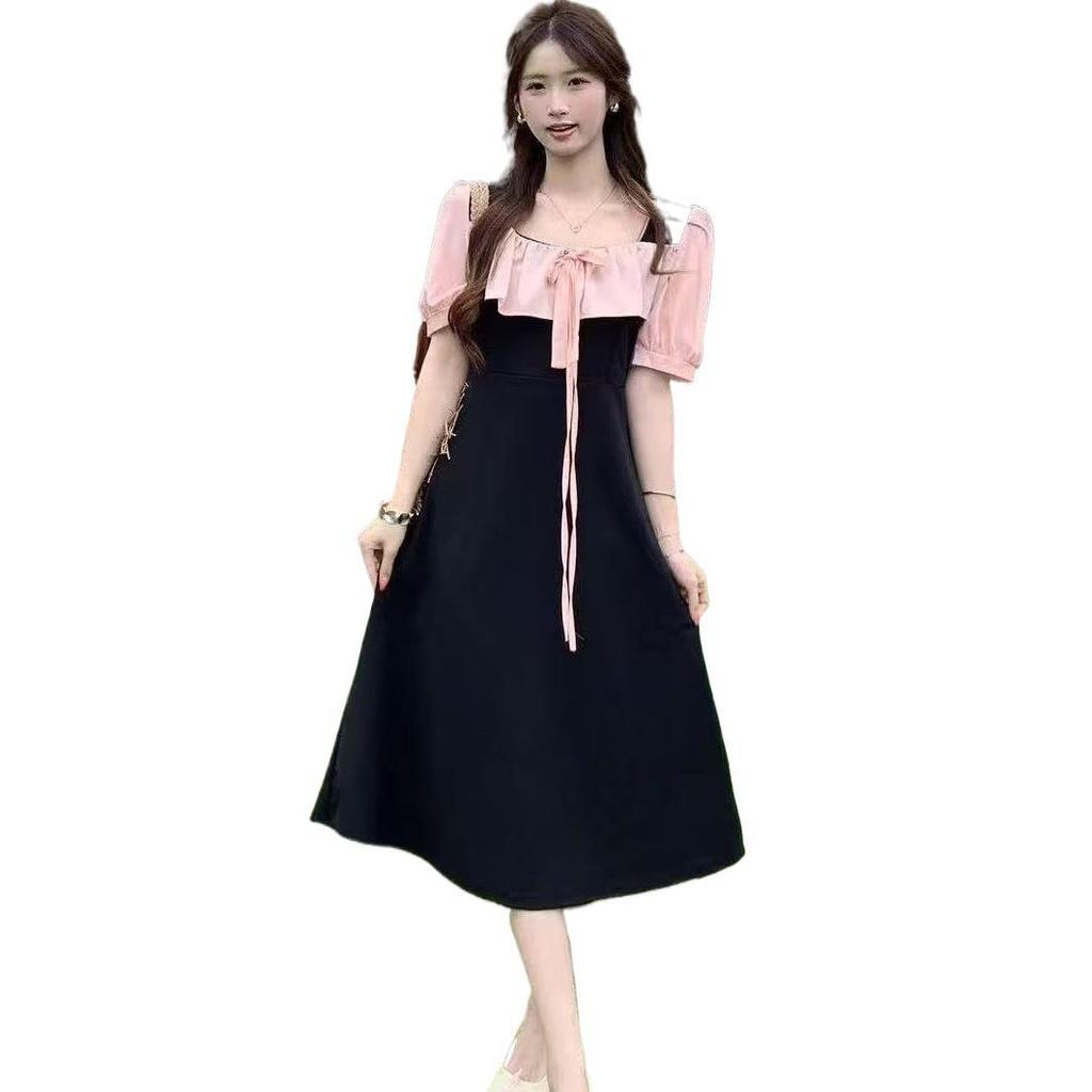 French Temperament Wind Splicing Contrasting Color Pleated Bubble Sleeve Dress Women's Summer Slim Lace-up Knee A-shaped Long Dress