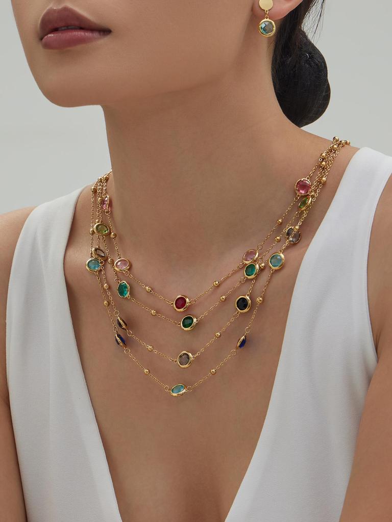 Round Faceted Glass Stone Jewelry Set - Necklace, Earrings, Bracelet - European American Fashion Design