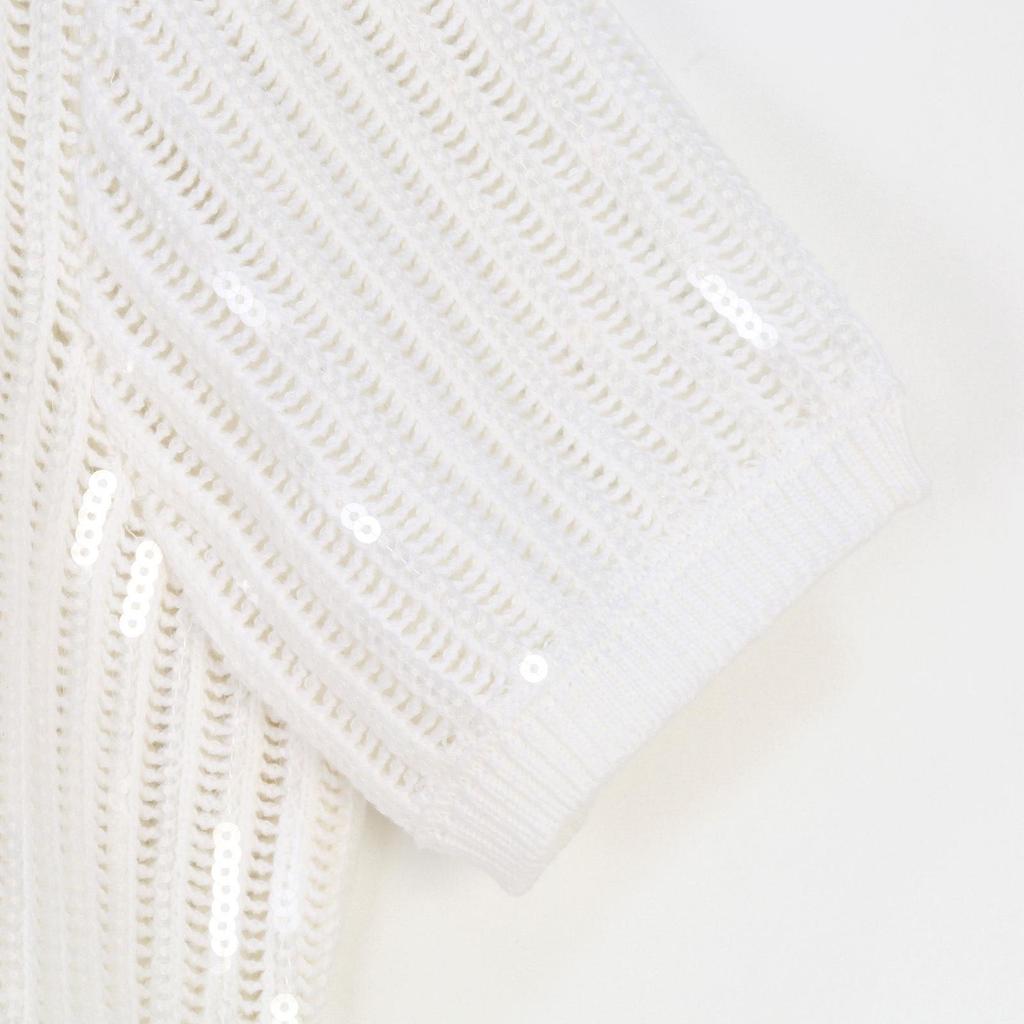 Women's French Sequin Lapel Cardigan & A-line Skirt Set with Metal Buckle and Hollowed Short Sleeves