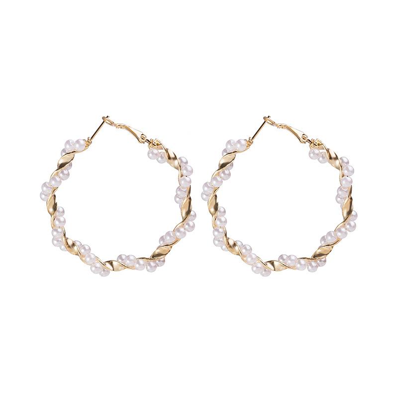 Design Geometric Round Spiral Pearl Earrings, Exaggerated Atmosphere Fashion Rice Bead Circle Earrings