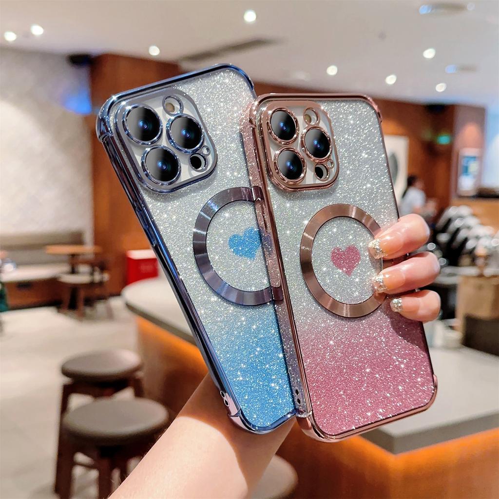 For iPhone 14 Pro Glitter Case Compatible with MagSafe TPU Phone Cover Love Heart Electroplating