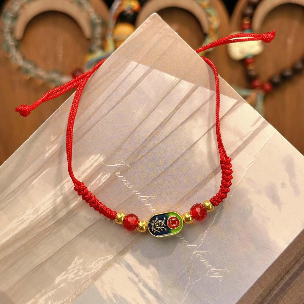 New Year Wealth God Adjustable Red Rope Bracelet - Chinese Style Student Hand Ornament