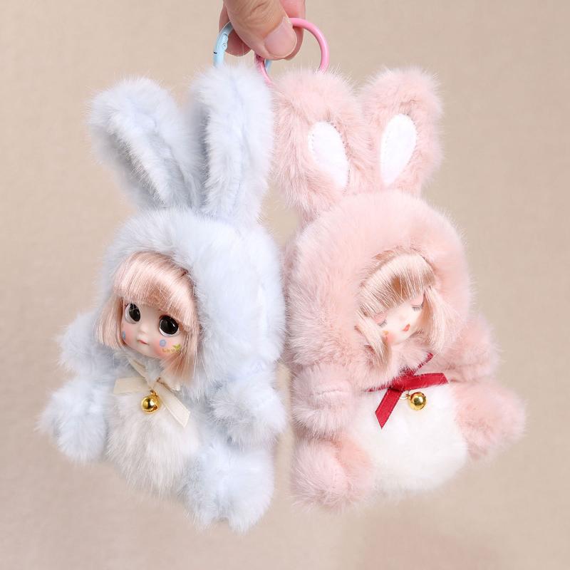 Cute Rabbit Vinyl Dolls Key Chains Plush Stuffed Soft Keyring Backpack Pendants Decoration Toys Gifts