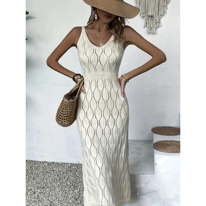 Damen Sexy Taillenbetonend Einfarbig Ausgestanzt Gestrickt Elegant Strand Midi Kleid