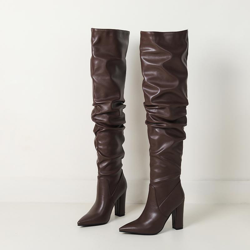 

Женские ботфорты выше колена с острым носком, очень толстые, с морщинами, из мягкой и удобной ПУ, осенне-зимние новые длинные сапоги 37