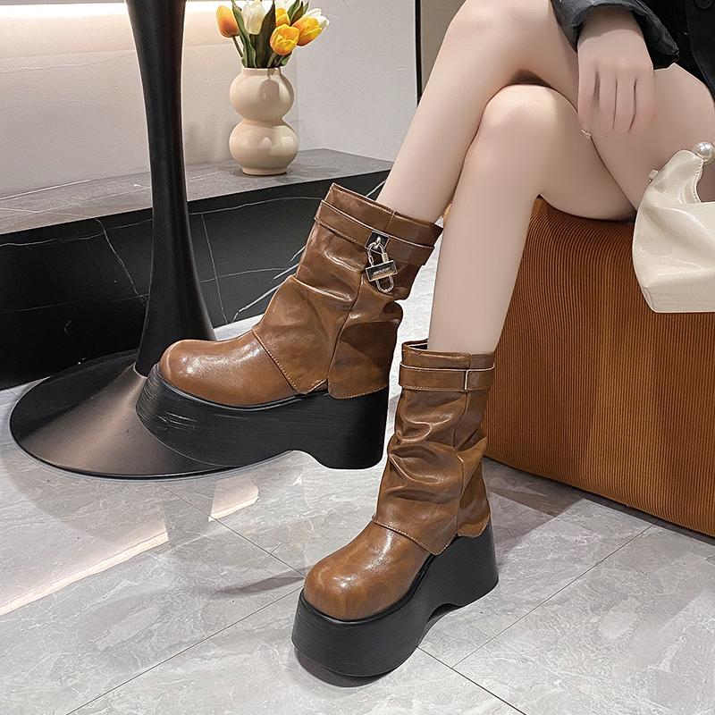Fashion 10CM Women Chunky Ankle Boots Winter Height Increasing Warm Fur Snow Boots Lace Up Belt Buckle Sneakers Leather Motorcycle Boots
