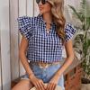 Blouse à imprimé carreaux d'été à volants double épaisseur pour femme, chemise douce et mignonne à col en V, hauts à manches courtes à carreaux pour femme, vêtements décontractés simples et amples