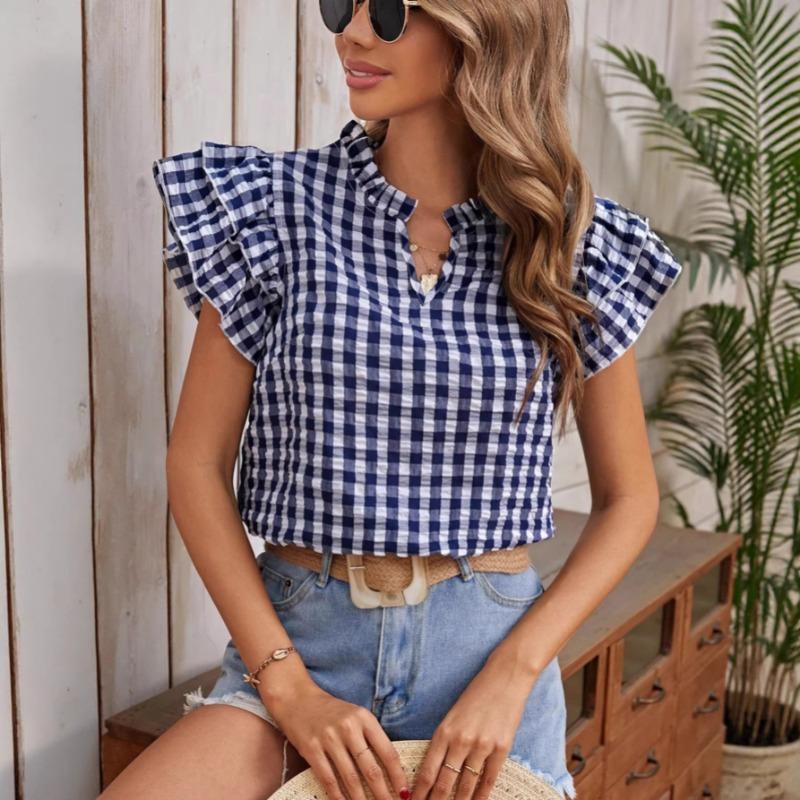 Blouse à imprimé carreaux d'été à volants double épaisseur pour femme, chemise douce et mignonne à col en V, hauts à manches courtes à carreaux pour femme, vêtements décontractés simples et amples