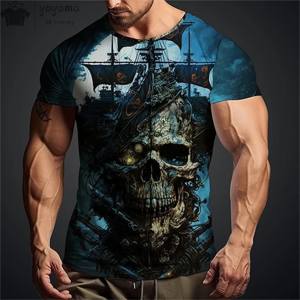 Summer Round Neck 3D Vintage Horror Skull Pattern Print Top Fashionable Casual Short Sleeved Men's T-shirts
