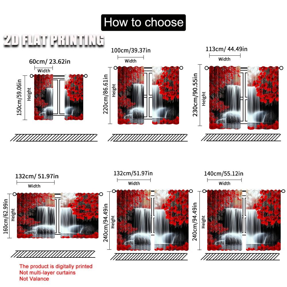 2Pcs Red Forest Waterfall Windows Curtains Waterfall Red Forest Black And Red Natural Landscape Print Curtain For Living Room
