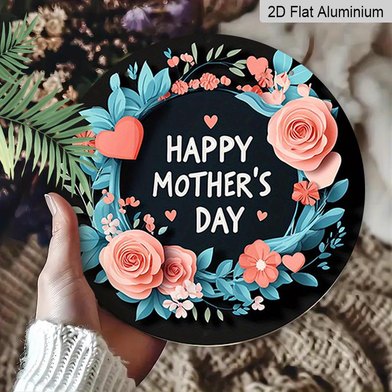 2D Flach, 1 Stück Vintage Muttertag Rundes Aluminium-Wandschild - Rosa Rosen & Türkiser Blumenkranz mit Text 'Alles Liebe zum Muttertag', Herz-Ausschnitte