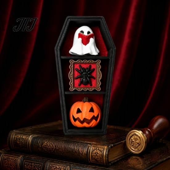 Spooky Window Display Props Halloween Gothic Coffin-Shaped Fidget Clicker Toy, Mini Push Pop Sensory Toy with Small Collectible Figures Ghost Pumpkin
