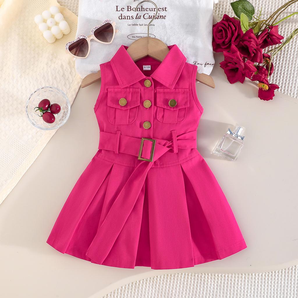 Girls' Solid Color Sleeveless Belted Dress