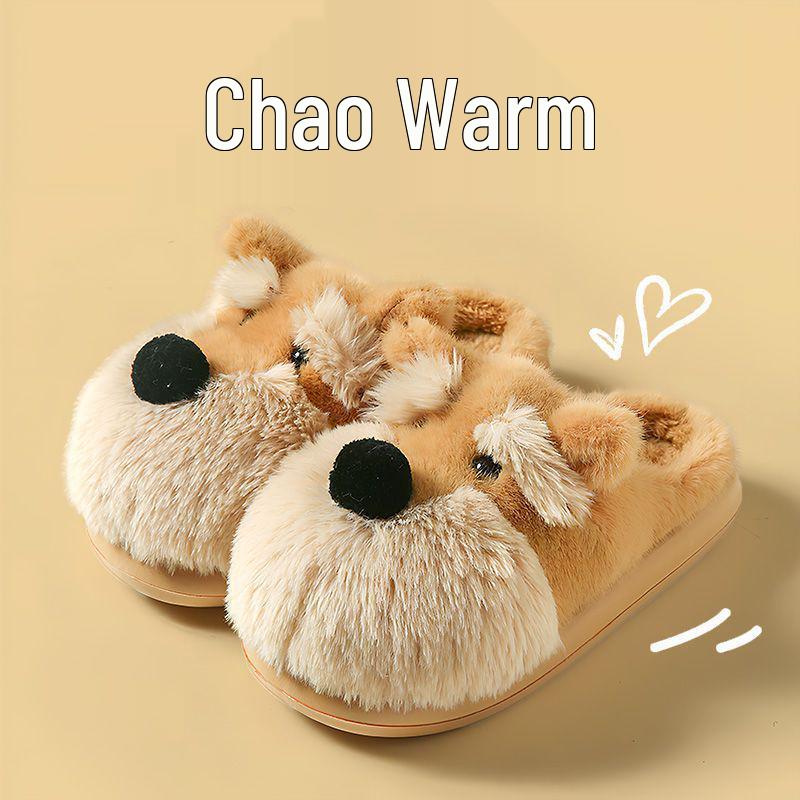 Women's Warm Furry Schnauzer Puppy Slippers - Cute Cartoon Cotton Indoor Footwear for Autumn & Winter