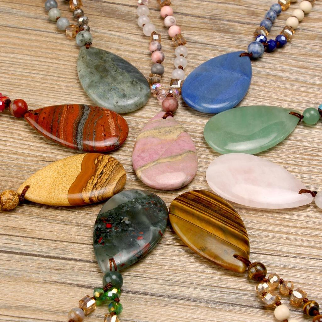 Women's Pink Crystal & Colorful Agate Water Drop Necklace: Handmade Knotted Sweater Chain with European and American Style