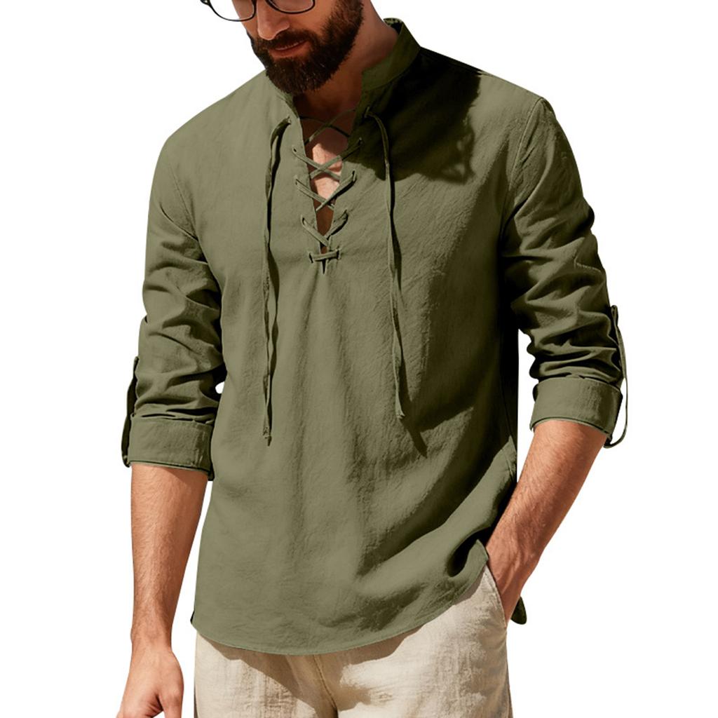 Men's Collared Linen Shirt  Casual Sports Beach Long Sleeved Shirt