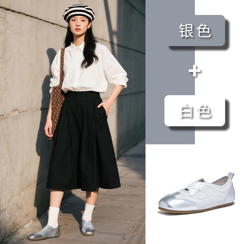 Leather Little White Shoes Women's Autumn New Fashion Single Shoes Flat Bottom Cross Elastic Band Niche Single Shoes Ballet Style