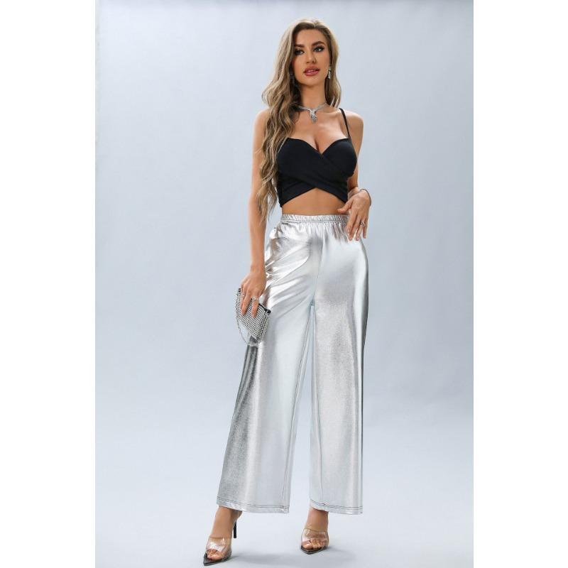 Women High Waist Loose Silver Hot Stamping Wide Leg Casual Long Pants