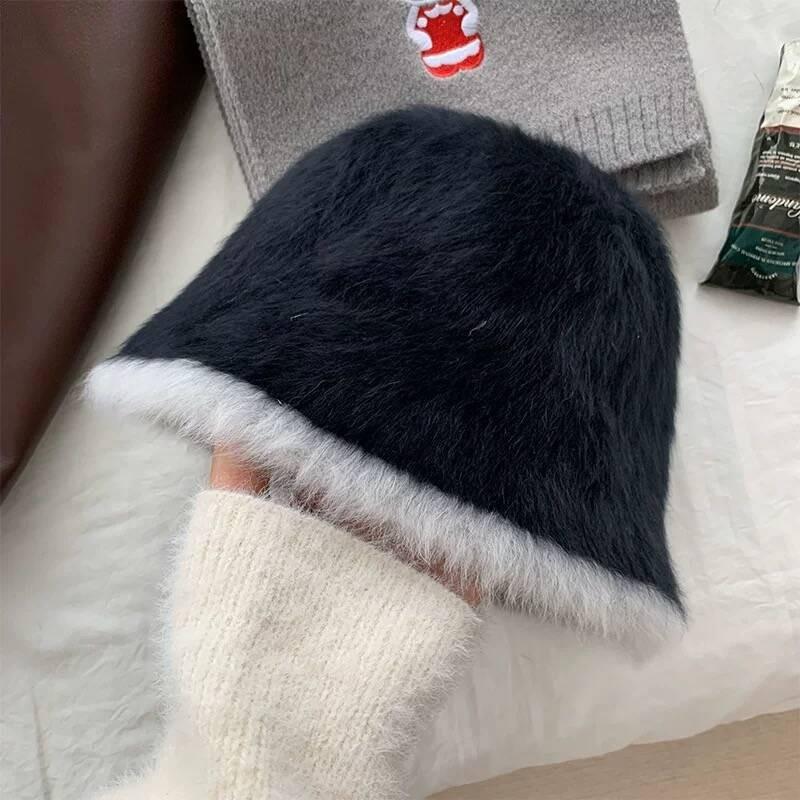 Fashion Rabbit Fur Patchwork Knit Bucket Hat Women Warm Fall Winter Large Head Size Face Slimming