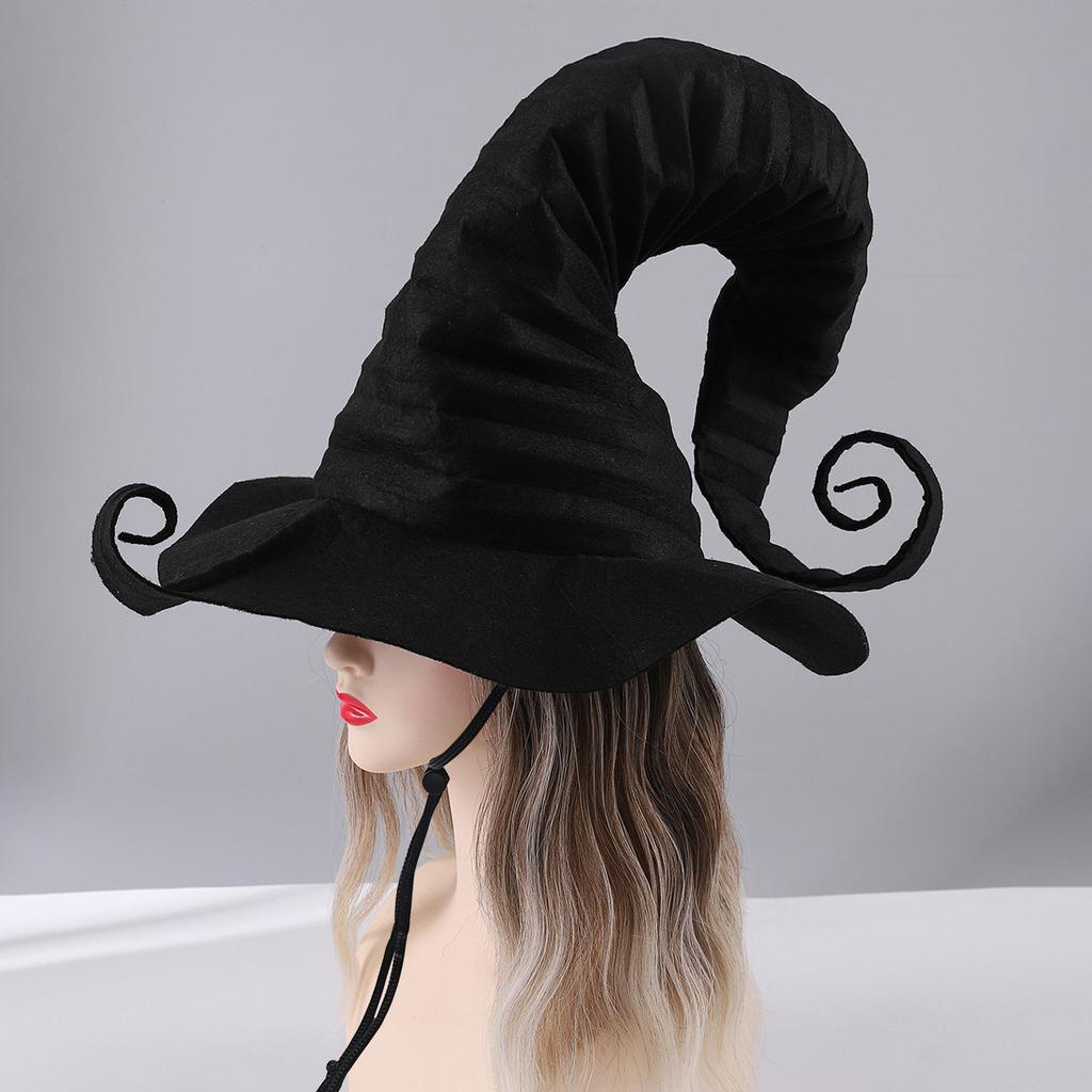 Witch Hat with Chin Strap Pleated Gothic Halloween Hat Elastic Wind Cord for Adults & Kids New Arrival Halloween Accessories