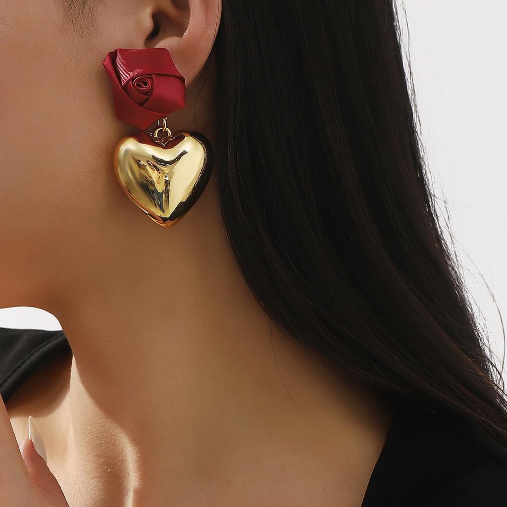 E13253 European American Style 3D Rose Heart Pendant Earrings, Romantic Valentine's Day Versatile Stylish Earrings