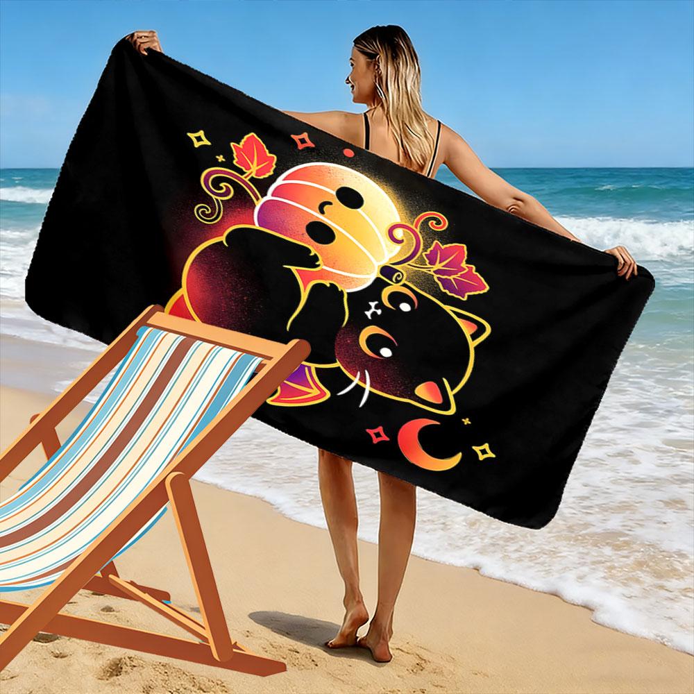 Spooky Glowing Feline Charm Print Beach Towel, Quick Drying, Suitable for Travel, Outdoor Sports, Jogging, the Beach and Swimming, Gift